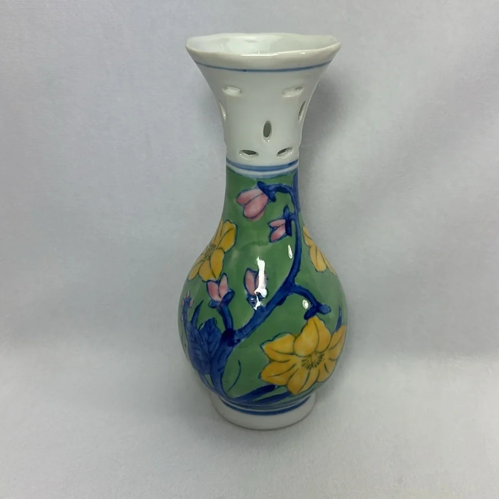 Vintage Chinese Pottery Hand Painted Floral Green Vase Pink Yellow Blue Flowers